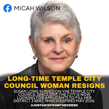 NEW: Long-time #Temple city councilwoman Susan Long resigned from the  council today. She is resigning because of family health issues which she  feels is where her focus is. The city is looking