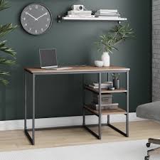 Dorm computer desk fits in small spaces. Nathan James Carson Industrial Desk For Small Home Office Computer Or Work Desk With 2 Open Storage Shelves Reclaimed Oak Wood Finish With Black Matte Metal Rustic Brown Black Nathan James