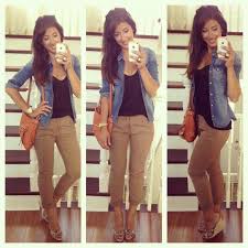 Rolled Skinny Dark Khakis Black Shirt Chambray Button Down Or Jean Jacket Heels Khaki Pants Women Fashion Khaki Pants Outfit