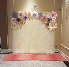 I've had a lot of requests on how to create the giant paper flower back drop i created for my friend's bridal shower seen below: Pink And Purple Paper Flower Backdrop With Fairy Lights For A Wedding Rece Bridal Shower Decorations Pink Bridal Shower Decorations Diy Flower Backdrop Wedding