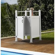 Liquid Sunshine 3 5 Ft W X 5 Ft H White Vinyl Outdoor Shower Stall Gate Kit Unassembled 73025338 The Home Depot In 2020 Outdoor Pool Shower Outdoor Shower Kits Outdoor Shower Enclosure