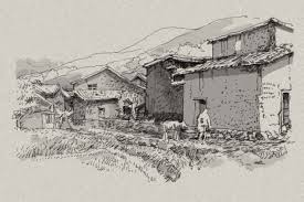 Old Village Sketch Farm House China Mud House Village Rice Field China Town Mud House Still Life Sketch Sketches