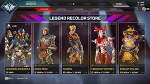 These are all standard legendary skins that can be purchased for 1,200 crafting metals in their respective menus, or for 1,250 apex coins in the . How The Legend Recolor Store Works In Apex Legends Gamepur