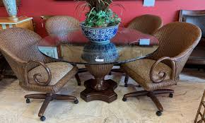 Woven Cane Dining Or Game Table With Four Rolling Swivel Chairs Tommy Bahama Style Set Has A High End Tropical Look Furniture Sell Used Furniture Home Decor