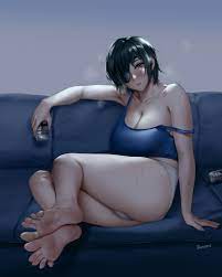 1girls 2022 alternate version available bare arms bare legs bare  shoulders barefoot beer can black hair blue bra blush bra breasts can chainsaw  man cleavage collarbone couch easonx eyepatch