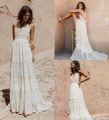 Discount 2019 Bohemian Wedding Dresses Halter Deep V Neck Luxury Embroidery Sweep Train Backless Bridal Gowns Custom Made Beach Boho Wedding Dress Wedding Dress Wedding Dresses Pinterest Beach Wedding Gown Beach