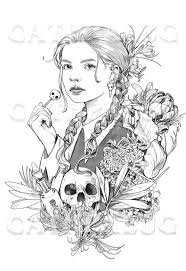 Discover all our printable coloring pages for adults to print or download for free. Macabre Girl Coloring Page Halloween Skull Flowers Line Etsy