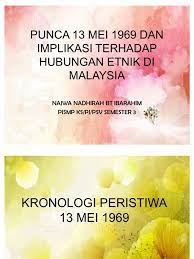 Mengkaji hubungan etnik dulu dan kini antara kaum melayu dan cina selepas peristiwa 13 mei 1969. Hubungan Etnik Punca Implikasi Peristiwa 13 Mei 1969