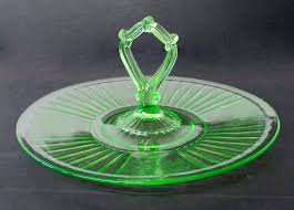 Green depression glass creamer and sugar, scalloped. Vintage Green Depression Glass Sandwich Server Plate Property Room