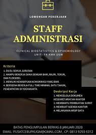 Dibuka lowongan pekerjaan pada pt.pos indonesia mengisi posisi sebagai staff pemasaran. Lowongan Pekerjaan Staff Administrasi Clinical Biostatistics Epidemiology Unit Fk Kmk Ugm Fakultas Kedokteran Kesehatan Masyarakat Dan Keperawatan