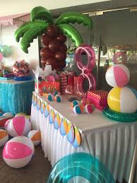 Birthday Party Ideas For Girls Age 8 Balloon Coconut Tree Added To Enhance The Pool Party Theme For An 8 Yr Old Birthday Party Pool Birthday Party Beach Birthday Party Pool Party Themes