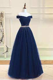 A Line Off The Shoulder Navy Blue Tulle Prom Dress With Beading Pg737 In 2021 Dresses Formal Elegant Prom Dresses Ball Gown Prom Dresses Blue