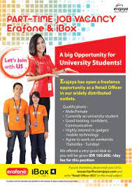 Lowongan kerja part time untuk lulusan sma atau smu sederajat full time dan part time pelajar sebagai spg, spb, pramuniaga, office boy, customer service, di jakarta, bandung, semarang, surabaya cari kerja part time untuk sma | lowongan kerja terbaru oktober november 2012. Erajaya Infokarir Pa Twitter Lowongan Kerja Part Time Untuk Mahasiswa Mahasiswi Pada Hari Sabtu Dan Minggu Fee Rp 100 000 Hari Parttime Loker Http T Co Wpedvlyz1a