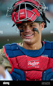 Indianapolis Indians catcher Endy Rodriguez (5) before an MiLB  International League baseball game against the Toledo Mud Hens
