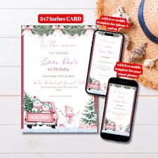 Christmas Birthday Invitation, Christmas Party, Tis the Season, Girls  Birthday Invite, Pink and Red Christmas Bows, Editable Holiday Invite