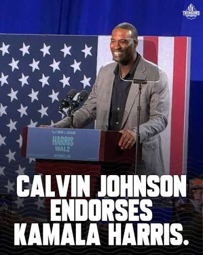 Lions legend Calvin Johnson endorsed Kamala Harris for POTUS during a rally  in Detroit on Tuesday. #Lions | #OnePride