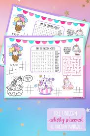 16 free unicorn printables including unicorn activity placemat