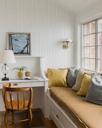 Modern orange and white home office with creative wallpaper. 10 Cheerful Home Offices With Beautiful Beach Style