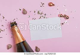 Whisky cream & jelly with toasted oat crumble & tea sorbet. Creative Party Concept Blank Paper Card Mock Up On The Pink Background With Golden Confetti And Champagne Bottle Canstock