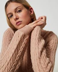 Maglia in misto lana con trecce Donna, Marrone