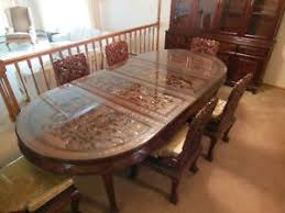 Match with one of our beautiful feq teak tables to complete your teak dining set. Asian Hand Carved Solid Teak Dining Room Table W 2 Leaves 6 Chairs 7 Cushions Ebay