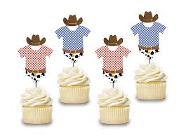 , cupcakes, decorated cowboy cookies, stick candy, cotton candy, mix nuts, shredded coconut. Amazon Com Cowboy Baby Shower Cupcake Toppers 12 Pcs Onesie Cake Picks Western Baby Shower Birthday Party Decorations Supplies Rodeo Themed Handmade