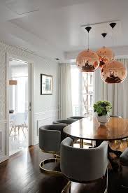 Modern Mid Century Hollywood Regency Dining Room Rose Gold Copper Pedant Light Brass Metal Grey Fabric Upho Dining Room Design Dining Room Inspiration Interior