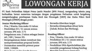 Tersedia lowongan kerja pt.merlung inti lestari di jobindo.com, silahkan mendaftar segera kirim lamaran anda untuk lowongan pekerjaan pt.merlung inti . Lowongan Kerja Pt Bank Perkreditan Rakyat Prima Jambi Mandiri Bpr Prima Tribun Jambi