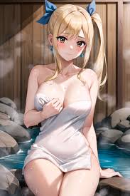 Rule 34 - Ai Generated Blonde Hair Blush Brown Eyes Fairy Tail Holding  Towel Hot Spring Lucy Heartfilia Ponytail Sitting Smile Towel | 8667290