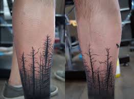 Chronic Ink Tattoo Toronto Tattoo Silhouettes Of Trees Done On The Calf By Karen Tree Sleeve Tattoo Tree Tattoo Arm Tree Tattoo Arm Sleeve