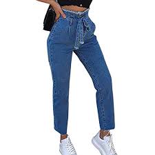 Ladies Skinny Jeans Mosstars Sale High Waisted Belted Trimmings Slim Pants Plus Size Soild Color Pockets Straight Belt Trousers Blue