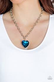 Paparazzi Flirtatiously Flashy Necklace Blue Cynthia Dazzling 5 Bling Blue Gemstone Necklace Rhinestone Heart Blue Necklace