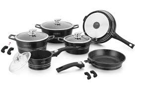 Batteries de cuisines pour les professionnels de la restauration : Batterie De Cuisine Professionnelle Noir 14 Pcs Fonte Aluminium Revetement Marbre Royalty Line
