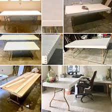 Diy L Shaped Desk Two Folding Tables 1 6ft 1 4ft Legs Spray Painted Gold Wood Box Top Painted With White Chalk Tent Living Home Decor Folding Table Desk