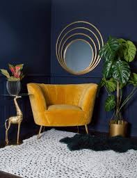 Velvet Yellow Chair In Front Of Dark Wall Pops And The Plant And The Statue Just Complete The Decor Eclectic Living Room Home Decor Bedroom Velvet Furniture