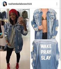 Rasheeda In Jean Jacket With Grey Hoodie Red Hat Jean Jacket Outfits Denim Outfit Grey Hoodie