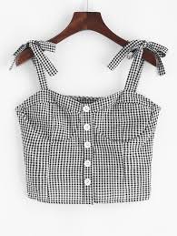 Black And White Plaid Tank Top Button Up Gingham Tie Straps Tank Top Black Dark Sea Green Sponsored Straps Tank Tie Button Gingha Gingham Top Outfit Gingham Tops Plaid Tank Top