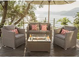 Shop luxury outdoor fire pit sets at our store in modern to traditional styles with free nationwide shipping. Amazon Com Cosiest 4 Piece Fire Pit Table Outdoor Furniture Warm Gray Wicker Conversation Set 4 Coral Pillows W 32 Inch Rectangle Wicker Fire Table 40 000btu Fits 20 Gal Tank Outside W Glass Wind Guard