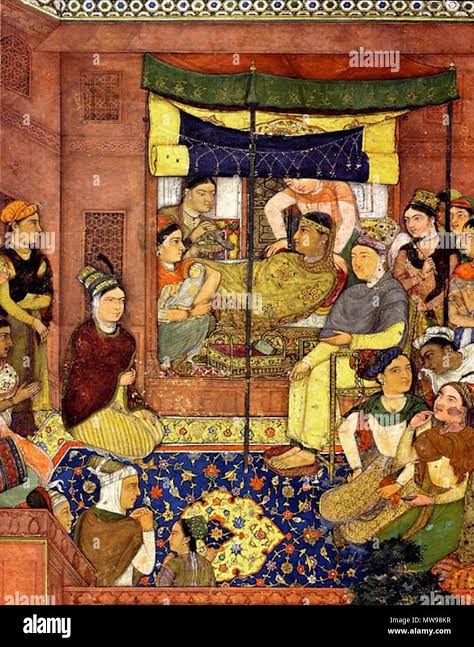 A painting describing the scene of the birth of the 4th Mughal emperor of India, Jahangir. circa 1600. Unknown 85 Birth of jahangir Stock Photo - Alamy