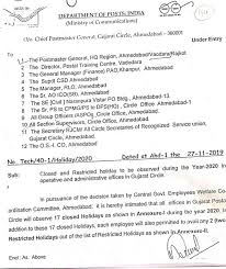 Gujarat Postal Circle Calander Year 2020 Closed Restricted Holiday To Be Observed In Operative Administrative Offices Po Tools
