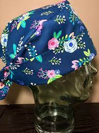 Pink Light Blue Roses On Navy Surgical Scrub Hat Beautiful Women S Floral Pixie Scrub Cap Flower Scrub Hats Custom Caps Company Scrub Hats Scrub Caps Surgical Scrub Hats