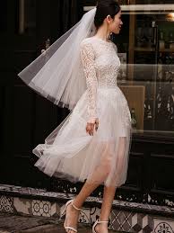 While your wedding dress is undeniably the most important piece of your wedding day look, a veil has the power to pull your whole ensemble together. Short Wedding Dresses White Lace Long Sleeve Illusion Tea Length Bridal Dress Milanoo Com