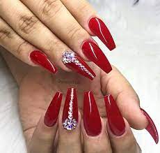 Bright red nails with rhinestones is the design for the queen! Pinterest Alidestinyy Instagram Alidestinyy Red And Silver Nails Prom Nails Red Red Acrylic Nails
