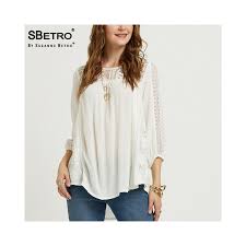Sbetro By Suzanne Betro Lace Tunic Tops Ladies Inset Crinkle Woven Balloon Sleeve Autumn Bohemian Casual Womens Blouses Shirts