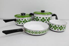 Mid Century Modern Funky Green Enamel Cookware Set Retro Vintage Pots Pans Mcm Enamel Cookware Cookware Set Vintage Dishware