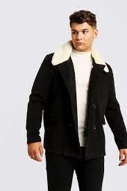 Plus Size Borg Collar Wool Blend Pea Coat Boohoo