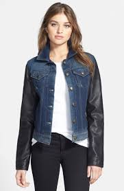 Laundry By Shelli Segal Faux Leather Sleeve Denim Jacket X Coat Jacket And Clothing Leather Jackets Women Black Leather Bomber Jacket Stand Collar Jackets