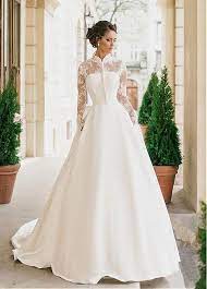 Gorgeous Satin High Collar Neckline A Line Wedding Dresses With Detachable High Collar Wedding Dress Wedding Dress Long Sleeve Short Wedding Gowns