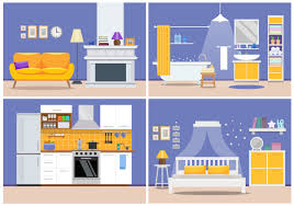 Maybe you would like to learn more about one of these? Cute Modern Apartment Interior Living Room Kitchen Bathroom Bedroom House Design Vector Illustration In Flat Style In Purple In Yellow 622877 Vector Art At Vecteezy