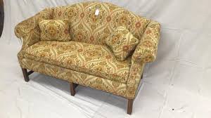 Clayton marcus french provincial style sofa/settee w/wood trim & stretcher base. Lot Clatyon Marcus Chippendale Style Camelback Sofa